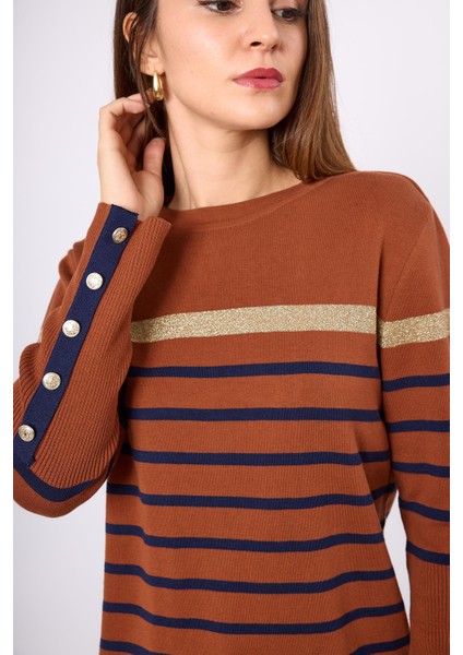 Monroe Çizgili Kadın Triko Kazak - Kızıl Kahve modelleri