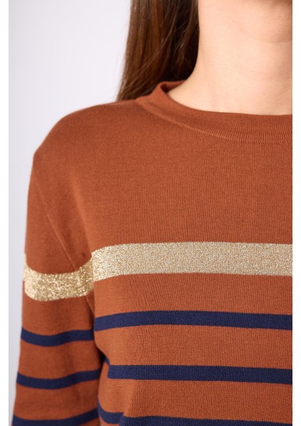 Monroe Çizgili Kadın Triko Kazak - Kızıl Kahve fırsatları