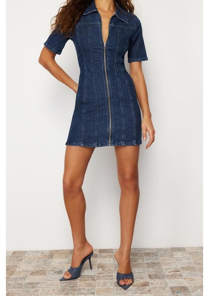 Moda Fit Casual Günlük Comfort Denim Gömlek Yaka Kısa Kol Basic Mini Boy Elbise
