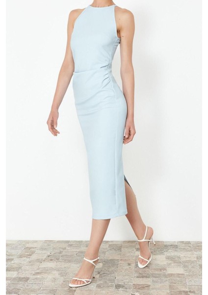 Moda Regular Gündüz Gece Finike Dokuma Halter Yaka Kolsuz Kol Bodycone Midi Boy Elbise