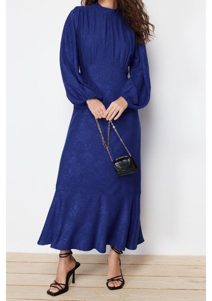 Moda Regular Casual Günlük Jakar Dokuma Bisiklet Yaka Uzun Kol A-Line Maxi Boy Tesettür Elbise