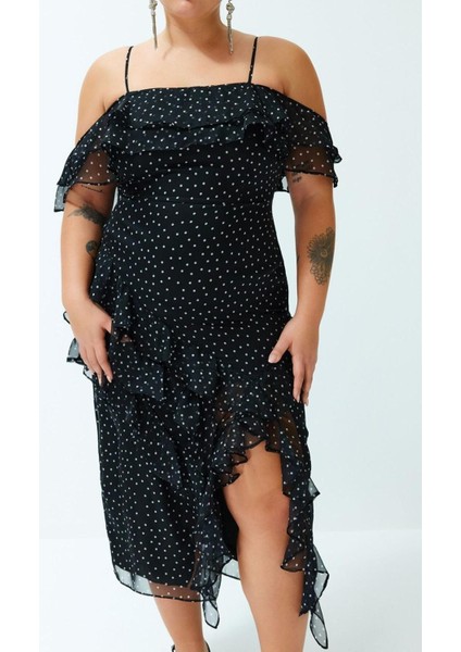 Moda Fit Şık Abiye Gece Şifon Dokuma Kare Yaka Askılı Kol A-Line Maxi Boy Büyük Beden Elbise
