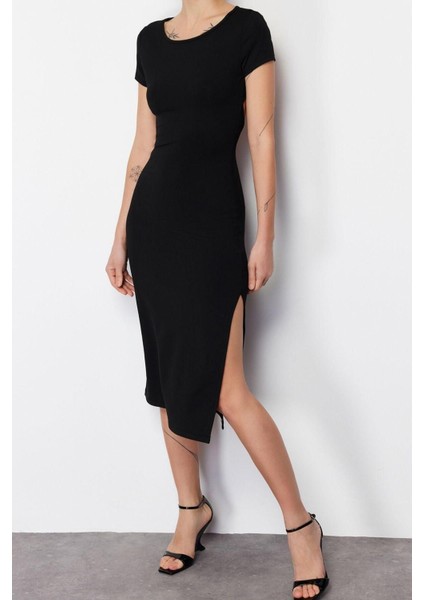 Moda Fit Mezuniyet Balo Nancy Örme V Yaka Askılı Kol Anvelop Midi Boy Elbise