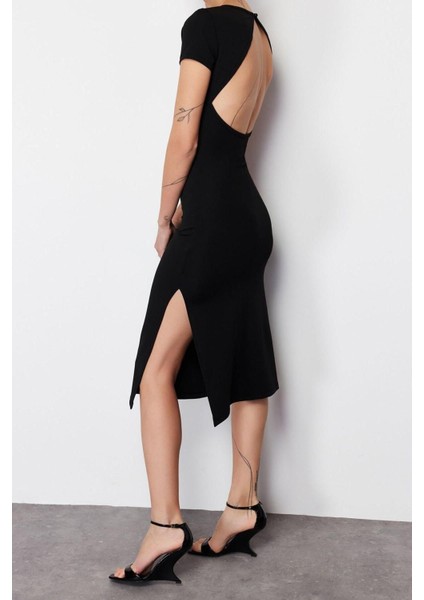 Moda Fit Mezuniyet Balo Nancy Örme V Yaka Askılı Kol Anvelop Midi Boy Elbise