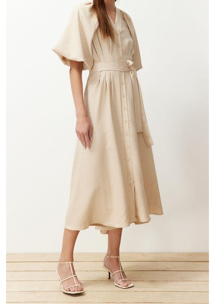 Moda Regular Günlük Keten Görünümlü Dokuma V Yaka Truvakar Kol Kol A-Line Maxi Boy Tesettür Elbise fiyatları