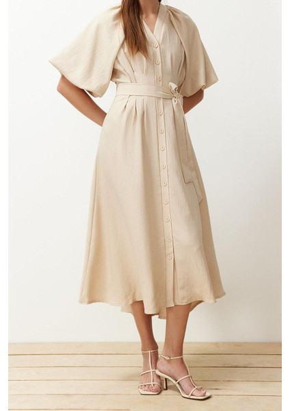 Moda Regular Günlük Keten Görünümlü Dokuma V Yaka Truvakar Kol Kol A-Line Maxi Boy Tesettür Elbise modelleri