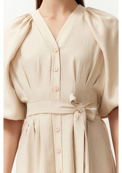 Moda Regular Günlük Keten Görünümlü Dokuma V Yaka Truvakar Kol Kol A-Line Maxi Boy Tesettür Elbise fırsatları