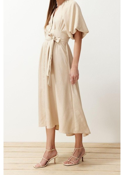 Moda Regular Günlük Keten Görünümlü Dokuma V Yaka Truvakar Kol Kol A-Line Maxi Boy Tesettür Elbise indirimleri