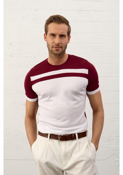 Erkek Renkli Slim-Fit Kalıp Yazlık Triko T-Shirt Bordo - 5018DNGR
