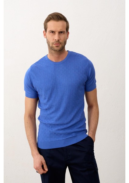 Erkek Desenli Bisiklet Yaka Slim-Fit Kalıp Ince Triko T-Shirt Saks - 5015DNGR