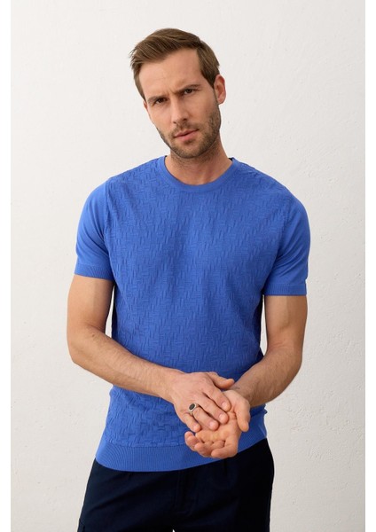 Erkek Desenli Bisiklet Yaka Slim-Fit Kalıp Ince Triko T-Shirt Saks - 5015DNGR