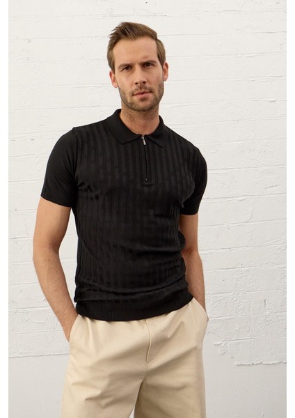 Erkek Fermuarlı Slim-Fit Kalıp Polo Yaka Ince Triko T-Shirt Siyah - 5011DNGR