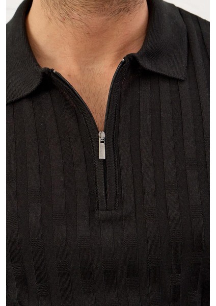 Erkek Fermuarlı Slim-Fit Kalıp Polo Yaka Ince Triko T-Shirt Siyah - 5011DNGR fiyatları