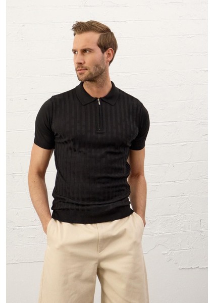 Erkek Fermuarlı Slim-Fit Kalıp Polo Yaka Ince Triko T-Shirt Siyah - 5011DNGR fırsatları