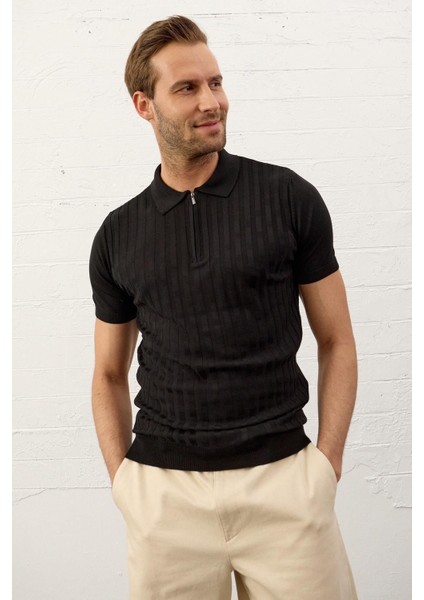 Erkek Fermuarlı Slim-Fit Kalıp Polo Yaka Ince Triko T-Shirt Siyah - 5011DNGR indirimleri