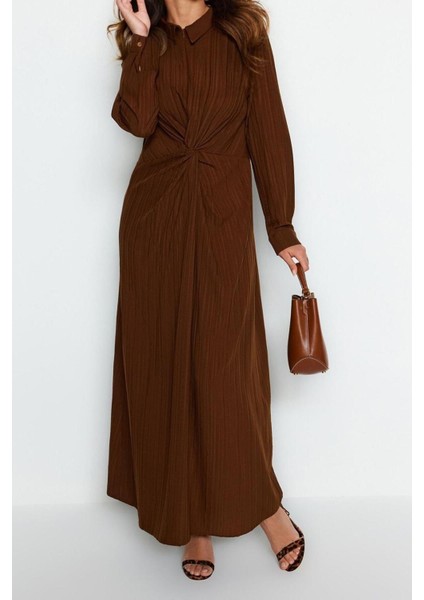 Moda Regular Casual Günlük Crinkle Dokuma Gömlek Yaka Uzun Kol Shift Maxi Boy Tesettür Elbise fiyatları