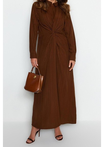 Moda Regular Casual Günlük Crinkle Dokuma Gömlek Yaka Uzun Kol Shift Maxi Boy Tesettür Elbise modelleri