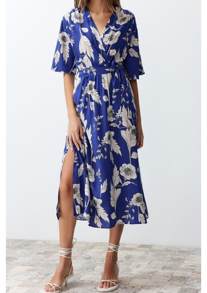 Moda Regular Casual Günlük Shally Dokuma Kruvaze Truvakar Kol Kol A-Line Midi Boy Elbise