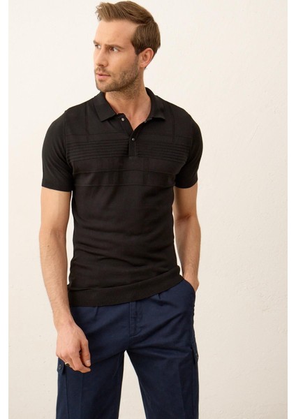 Erkek Çizgi Desenli Slim-Fit Kalıp Polo Yaka Yazlık Triko T-Shirt Siyah - 5003DNGR