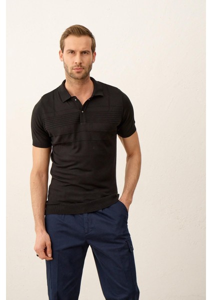 Erkek Çizgi Desenli Slim-Fit Kalıp Polo Yaka Yazlık Triko T-Shirt Siyah - 5003DNGR fırsatları