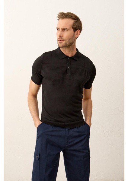 Erkek Çizgi Desenli Slim-Fit Kalıp Polo Yaka Yazlık Triko T-Shirt Siyah - 5003DNGR indirimleri