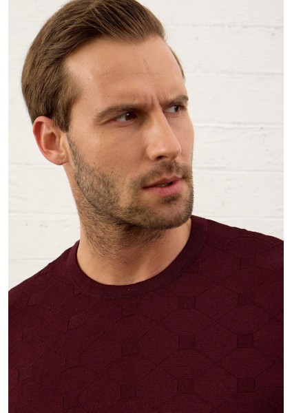 Erkek Kare Desenli Slim-Fit Yazlık Triko T-Shirt Bordo - 5020DNGR fiyatları