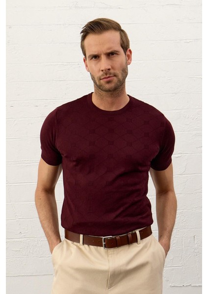 Erkek Kare Desenli Slim-Fit Yazlık Triko T-Shirt Bordo - 5020DNGR modelleri
