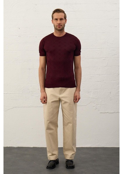 Erkek Kare Desenli Slim-Fit Yazlık Triko T-Shirt Bordo - 5020DNGR fırsatları