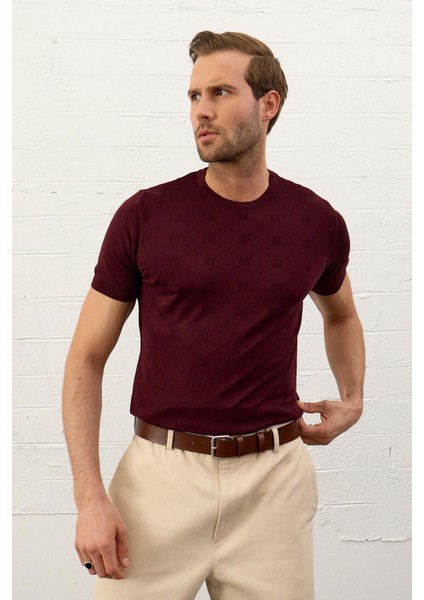Erkek Kare Desenli Slim-Fit Yazlık Triko T-Shirt Bordo - 5020DNGR indirimleri