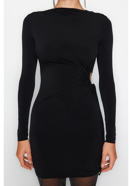 Moda Fit Mezuniyet Balo Sandy Örme Kayık Yaka Uzun Kol Bodycone Mini Boy Elbise