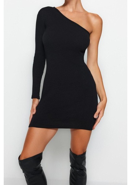Moda Slim Casual Günlük Rejenere Kaşkorse Örme Asimetrik Yaka Uzun Kol Bodycone Mini Boy Elbise fırsatları