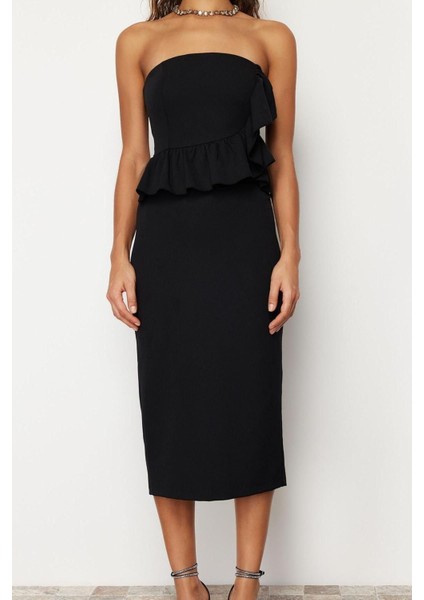 Moda Fit Mezuniyet Balo Finike Dokuma Straplez Kolsuz Kol Bodycone Midi Boy Elbise