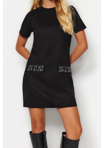 Moda Regular Business Süet Örme Bisiklet Yaka Kısa Kol A-Line Mini Boy Elbise