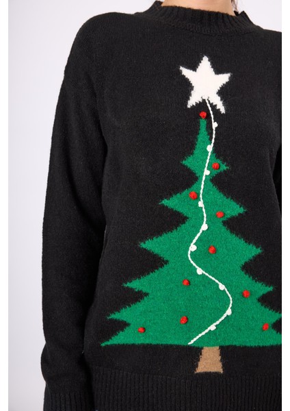 Happy Times Çam Ağacı Desenli Unisex Yılbaşı Kazağı - Siyah/yeşil modelleri