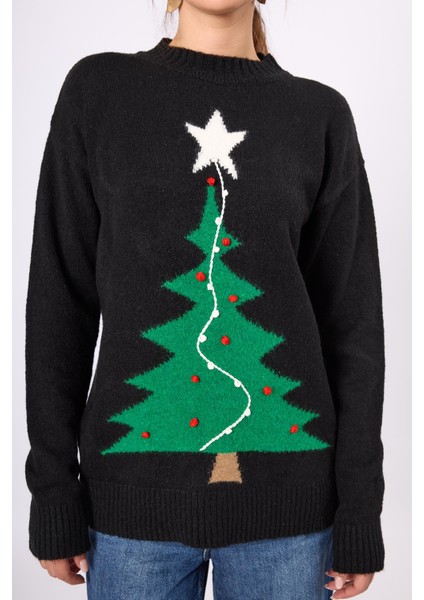 Happy Times Çam Ağacı Desenli Unisex Yılbaşı Kazağı - Siyah/yeşil indirimleri