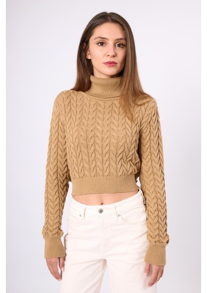 Scarlett Saç Örgülü Krop Kesim Kadın Triko Kazak - Camel modelleri