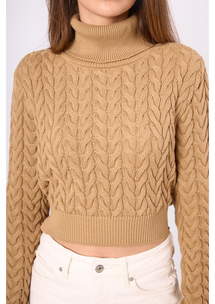 Scarlett Saç Örgülü Krop Kesim Kadın Triko Kazak - Camel fırsatları