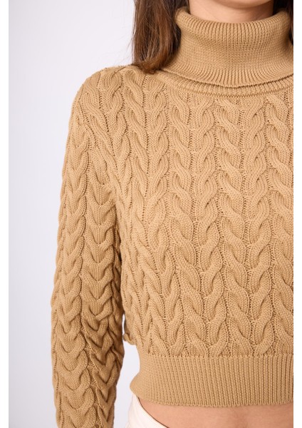 Scarlett Saç Örgülü Krop Kesim Kadın Triko Kazak - Camel indirimleri