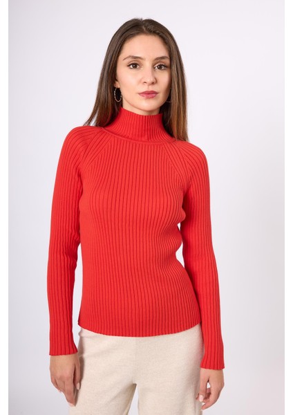 Britta Rib Örgü Fit Kalıp Kadın Triko Kazak - Kırmızı fiyatları