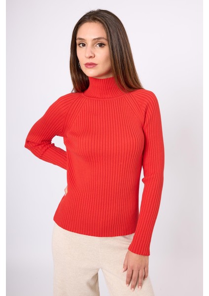Britta Rib Örgü Fit Kalıp Kadın Triko Kazak - Kırmızı modelleri
