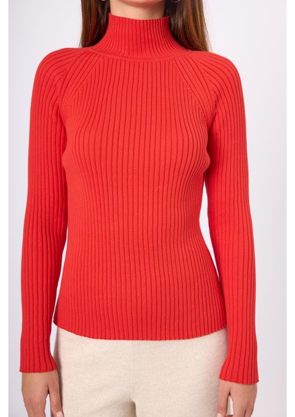 Britta Rib Örgü Fit Kalıp Kadın Triko Kazak - Kırmızı indirimleri