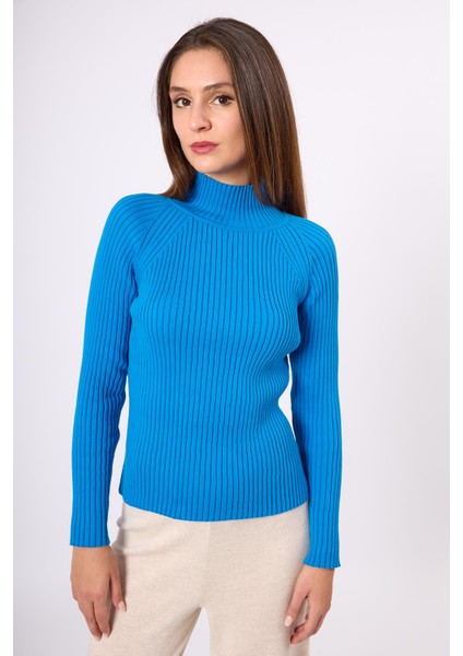 Britta Rib Örgü Fit Kalıp Kadın Triko Kazak - Mavi fiyatları