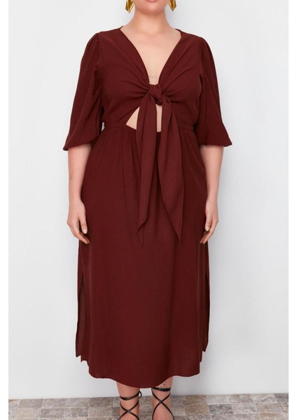 Moda Fit Günlük Keten Karışımlı Dokuma V Yaka Truvakar Kol Kol A-Line Midi Boy Büyük Beden Elbise