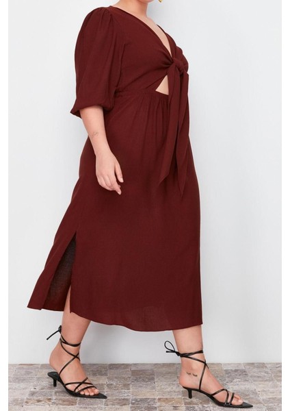 Moda Fit Günlük Keten Karışımlı Dokuma V Yaka Truvakar Kol Kol A-Line Midi Boy Büyük Beden Elbise fiyatları
