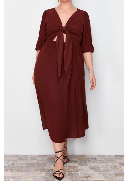 Moda Fit Günlük Keten Karışımlı Dokuma V Yaka Truvakar Kol Kol A-Line Midi Boy Büyük Beden Elbise modelleri