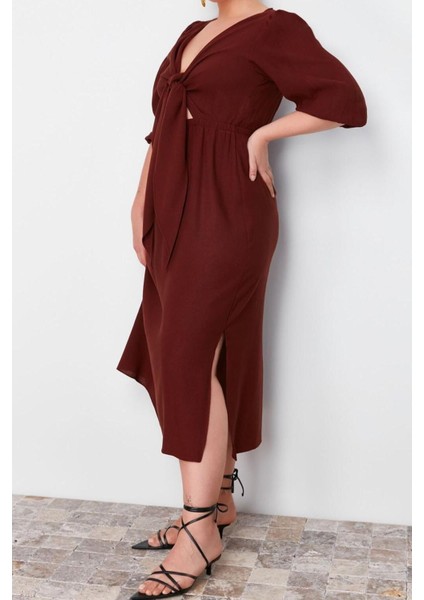 Moda Fit Günlük Keten Karışımlı Dokuma V Yaka Truvakar Kol Kol A-Line Midi Boy Büyük Beden Elbise fırsatları