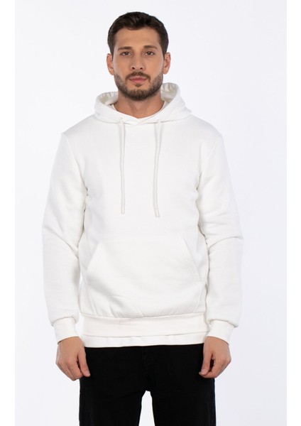 Kapüşonlu Kanguru Cepli Sweatshirt - Ekru