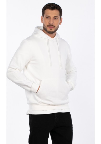 Kapüşonlu Kanguru Cepli Sweatshirt - Ekru