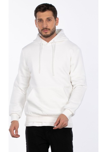 Kapüşonlu Kanguru Cepli Sweatshirt - Ekru