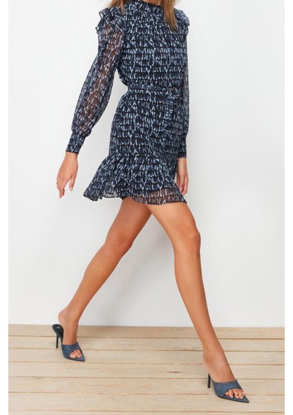 Moda Regular Gündüz Gece Şifon Dokuma Dik Yaka Uzun Kol A-Line Mini Boy Elbise